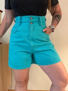 Vintage Express Teal Denim High Rise Jean Shorts M/L 29/30